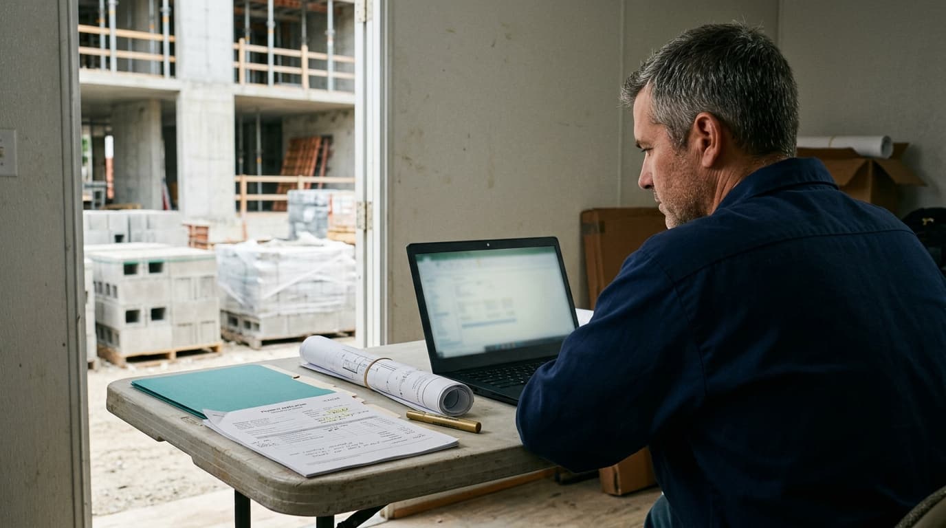 General contractor in a jobsite office trailer reviewing a laptop and printed payment application, with palletized stored materials outside beside a building under construction