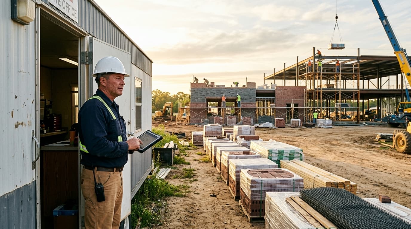 Superintendent in a hard hat holding a tablet outside a job trailer, with staged pallets and crews working on a commercial building at sunrise