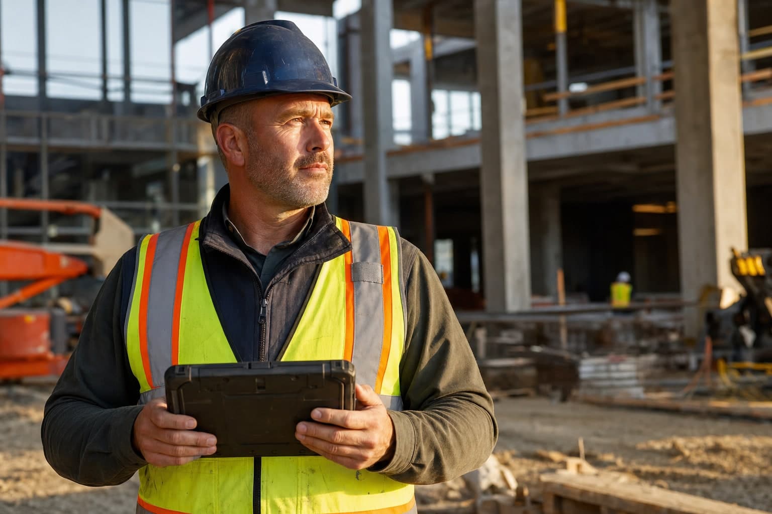 Put BalanceBuild Pro on a live commercial construction job Commercial construction superintendent reviewing a rugged tablet on an active jobsite at golden hour