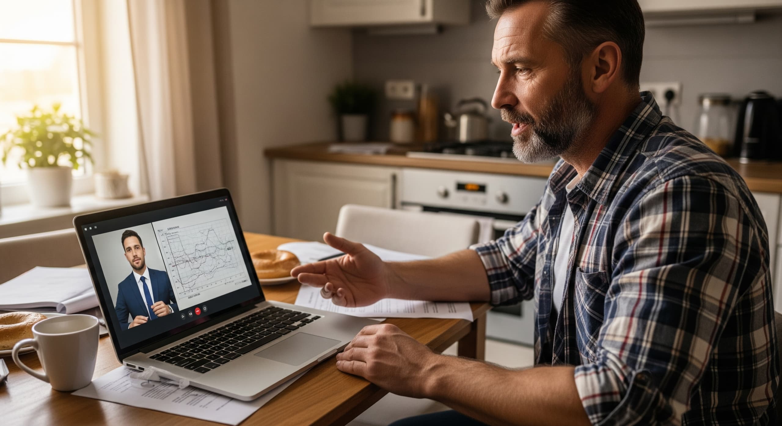 Construction operations consulting diagnostic call Contractor on a remote video consultation reviewing construction plans