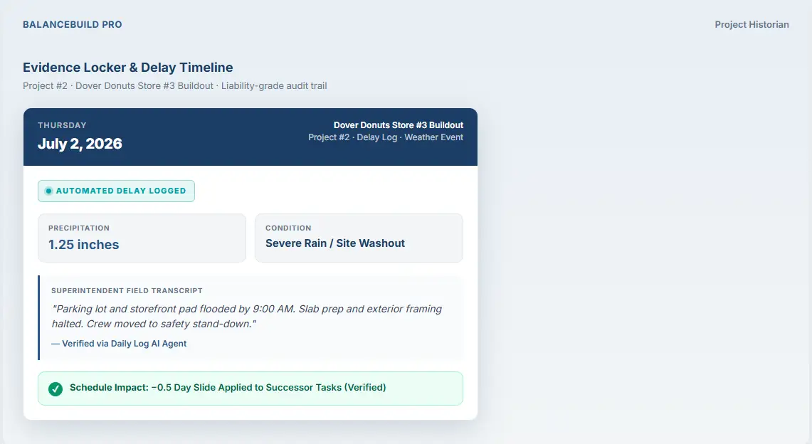Weather liability shield and delay evidence locker BalanceBuild Pro evidence locker showing weather delay timeline and liability proof