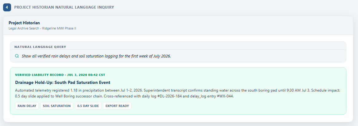 Project Historian searchable construction daily log archive BalanceBuild Pro Project Historian natural language search across construction daily logs