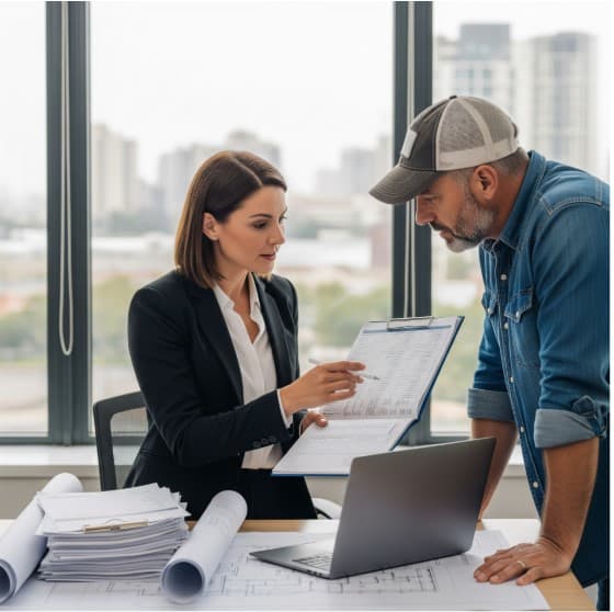 Construction bookkeeping consultation for contractors Construction business consultant reviewing financial documents with a contractor